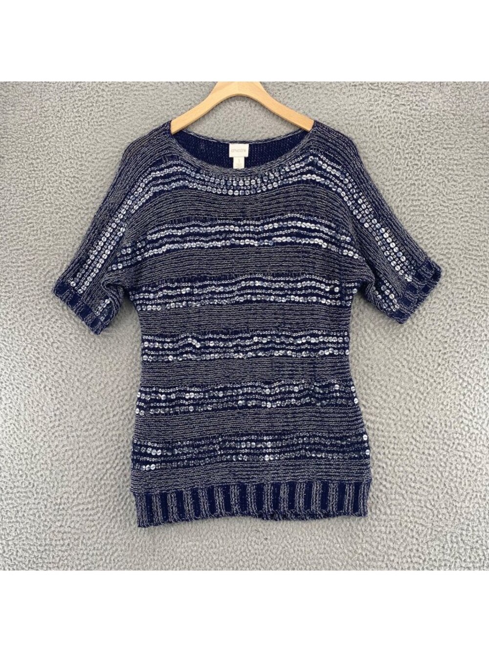 Chicos Sweater Womens 1 US M Navy Metallic Sequin Open Knit Short Dolman Sleeve